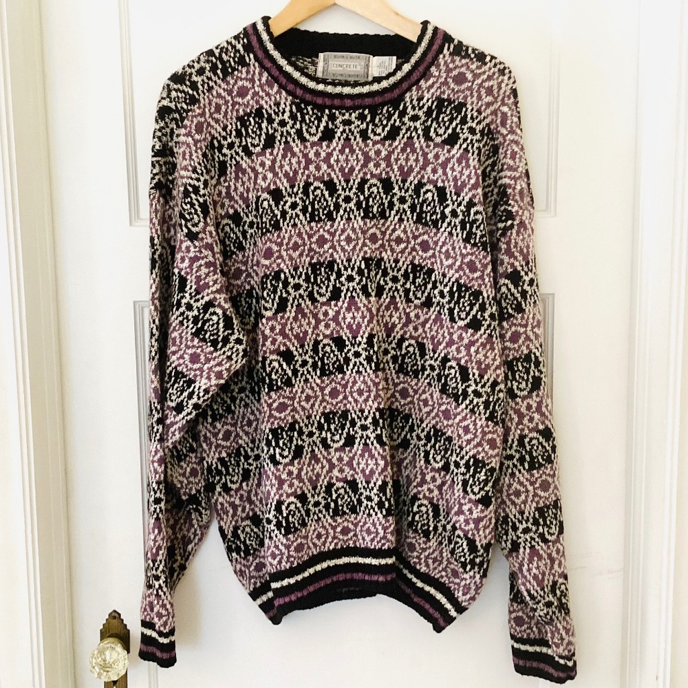 Vintage Men's Fair Isle By Concrete Mix Sweater Black Purple Cream L Colorful